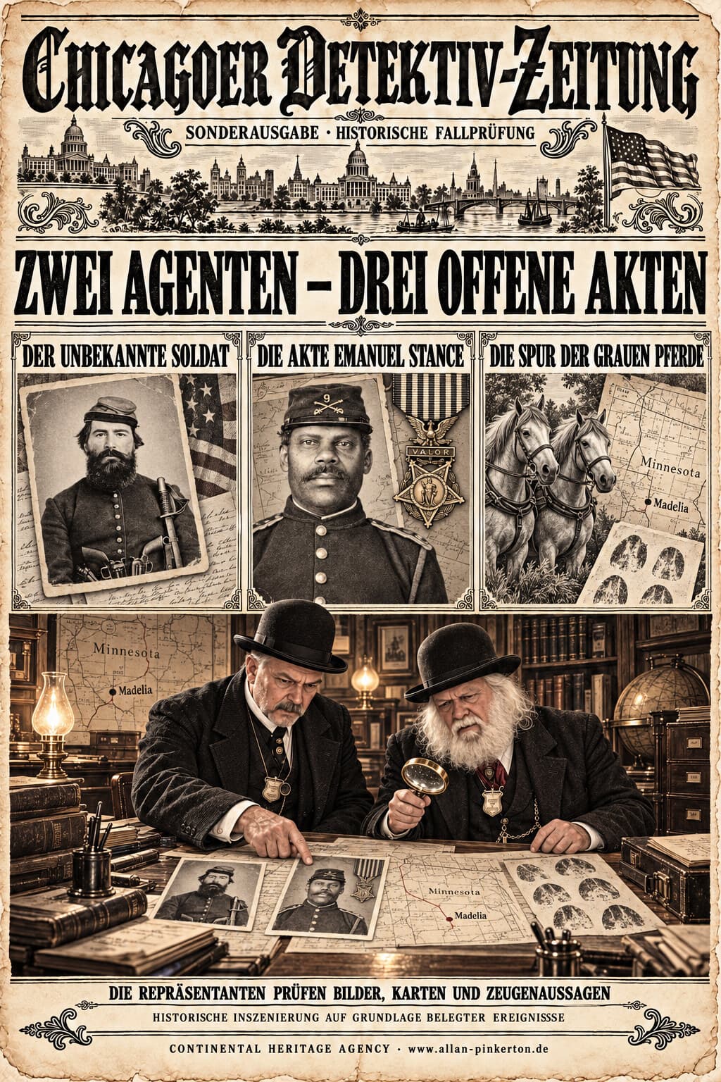 Sepiafarbene Zeitungsinszenierung mit drei historischen Aktenlinien und zwei Repräsentanten am Archivtisch