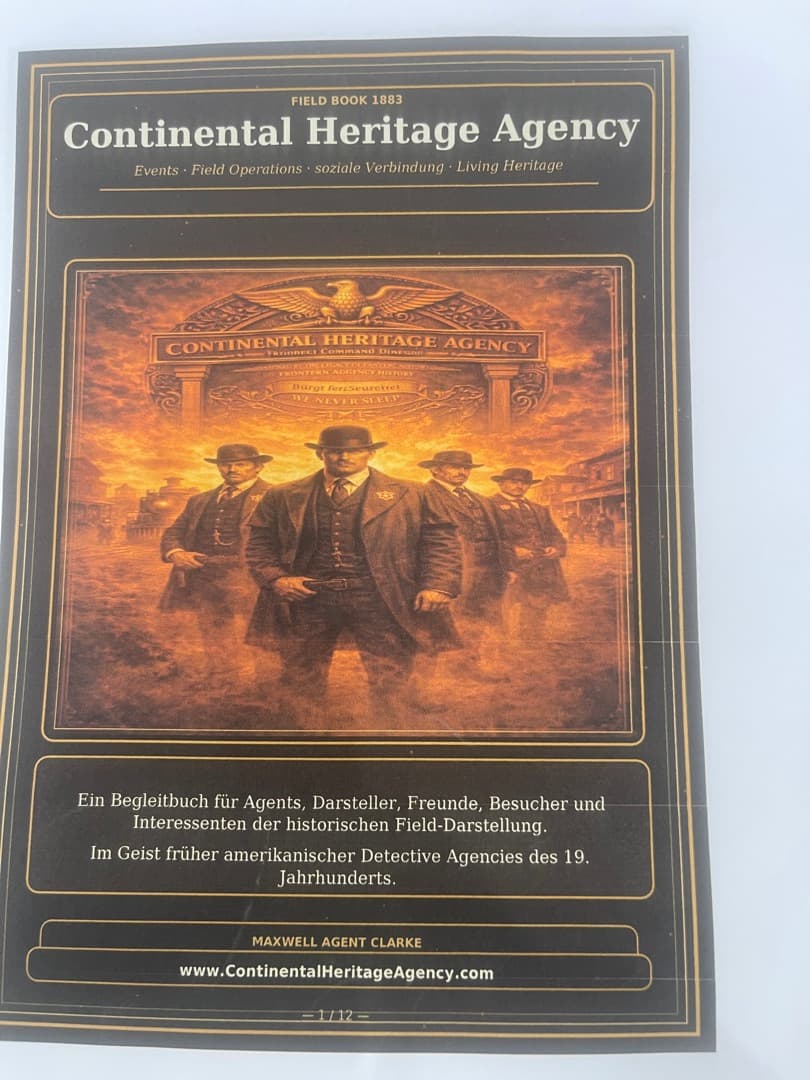 Druckvorlage Seite 1 von 12 · Cover des Field Book 1883 mit Continental Heritage Agency, Adler-Tor und vier Agents.